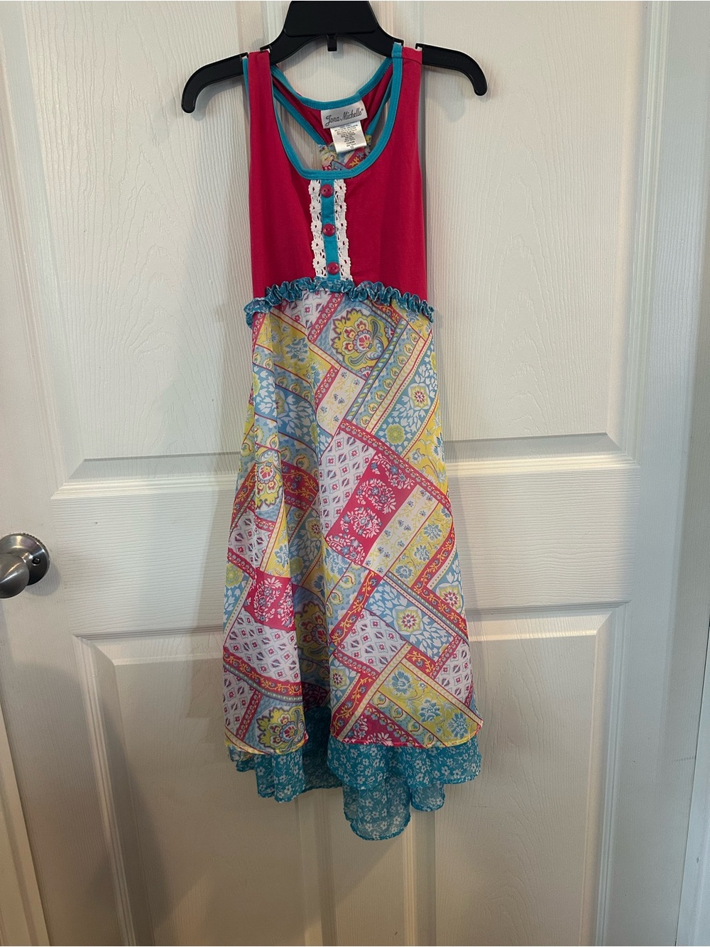 Jona Michelle Pink Halter Patchwork Dress with Teal Trim